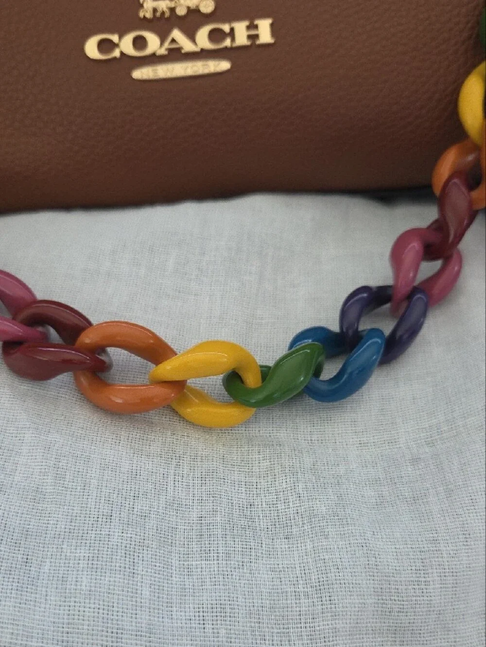 NWOT Coach Charlotte Shoulder Bag in Refined Pebble Leather with Rainbow Chain